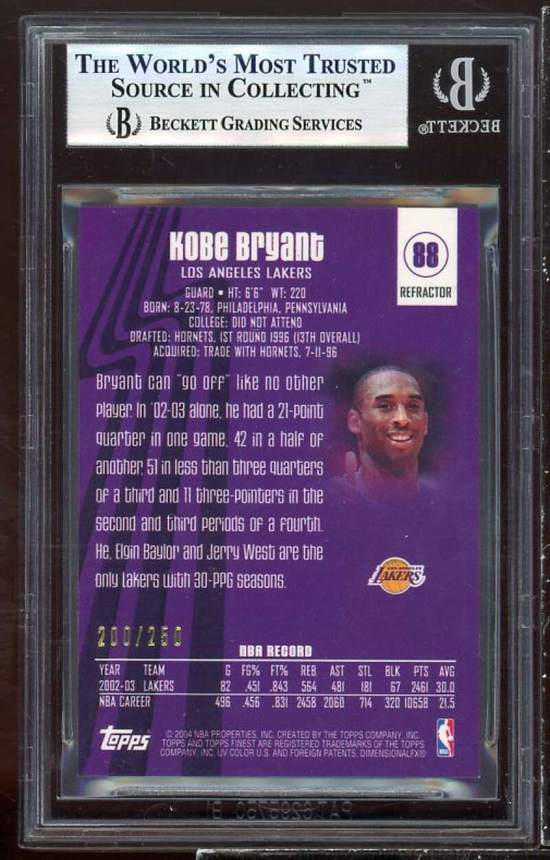 Kobe Bryant Card 2003-04 Finest Refractors #88 BGS 9 (9.5 9 9 8.5) Image 2