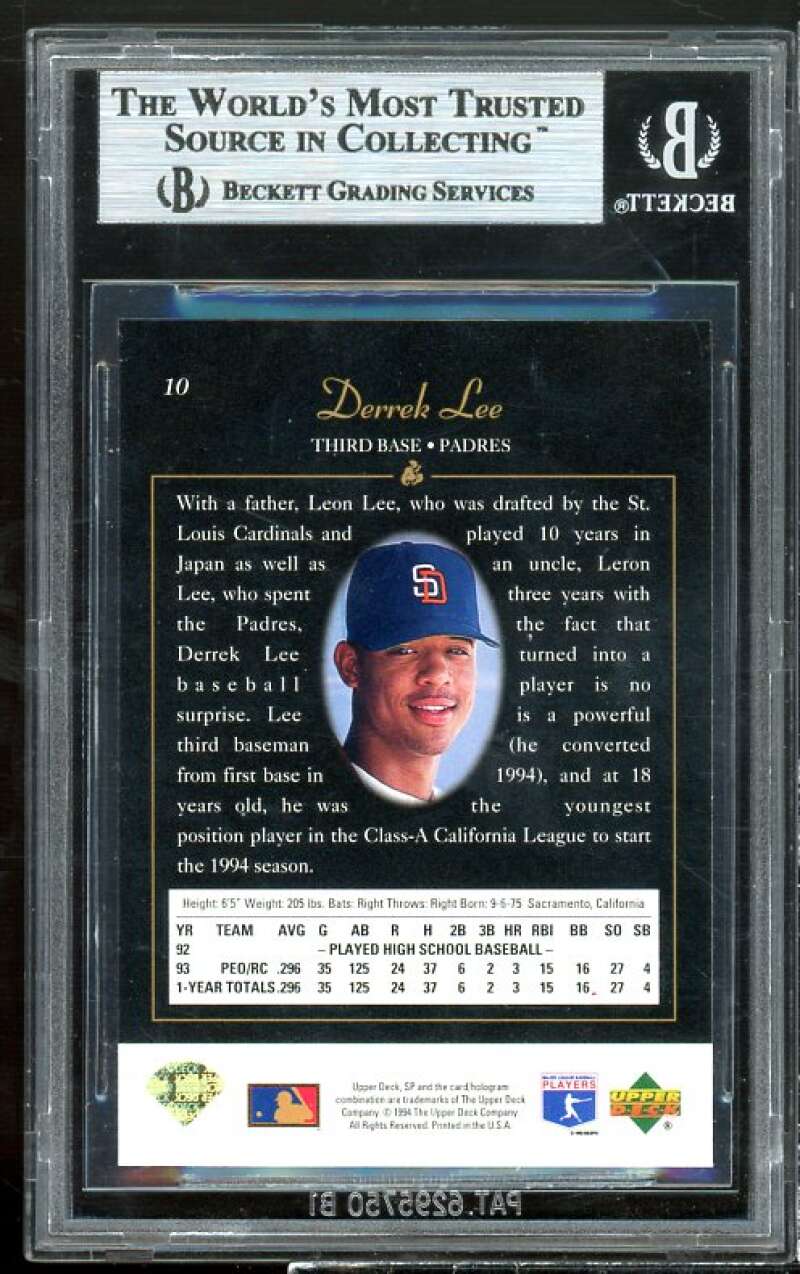 Derrek Lee Rookie Card 1994 SP #10 BGS 8.5 (9.5 8.5 9 8.5) Image 2