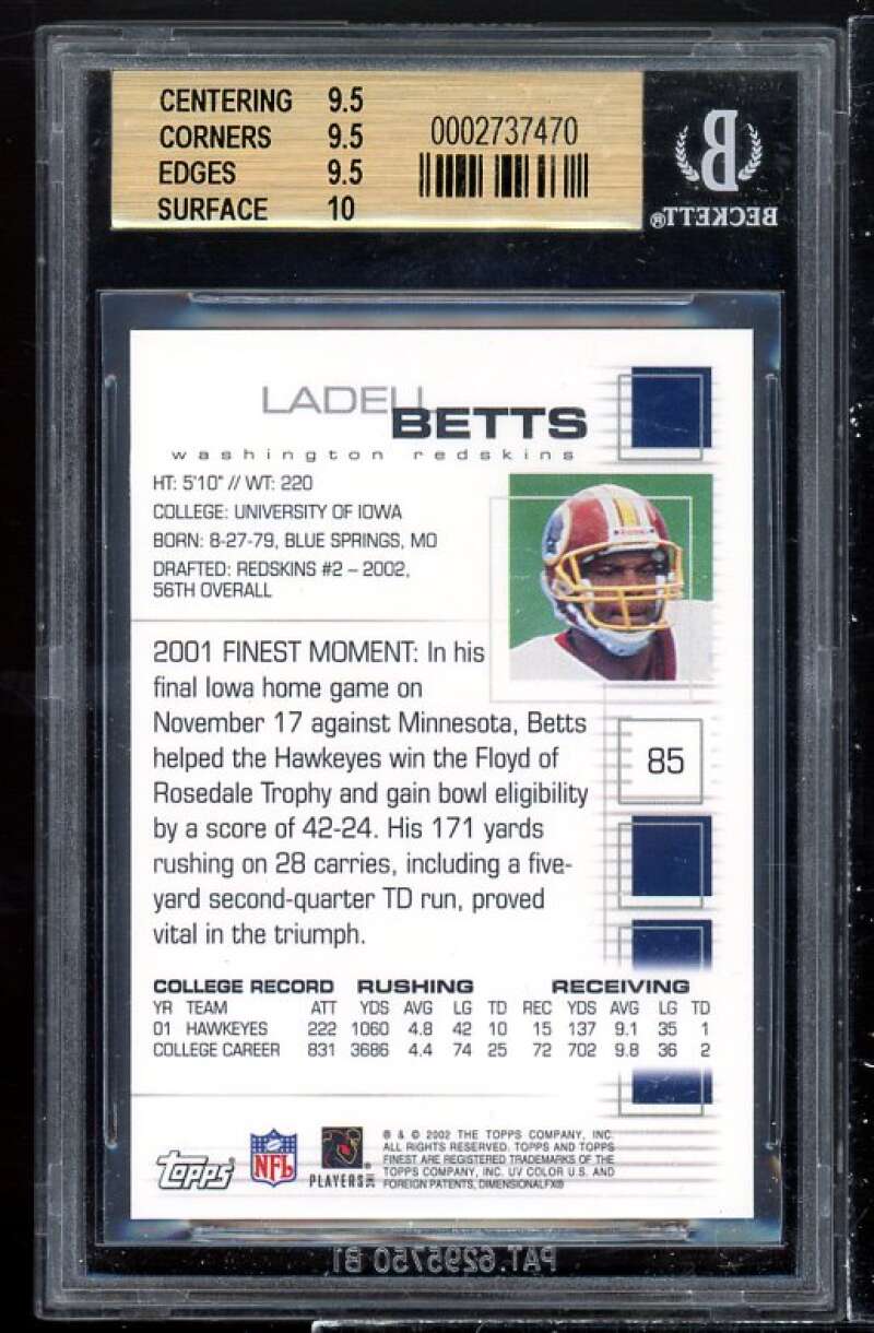 Ladell Betts Rookie Card 2002 Finest #85 BGS 9.5 (9.5 9.5 9.5 10) Image 2