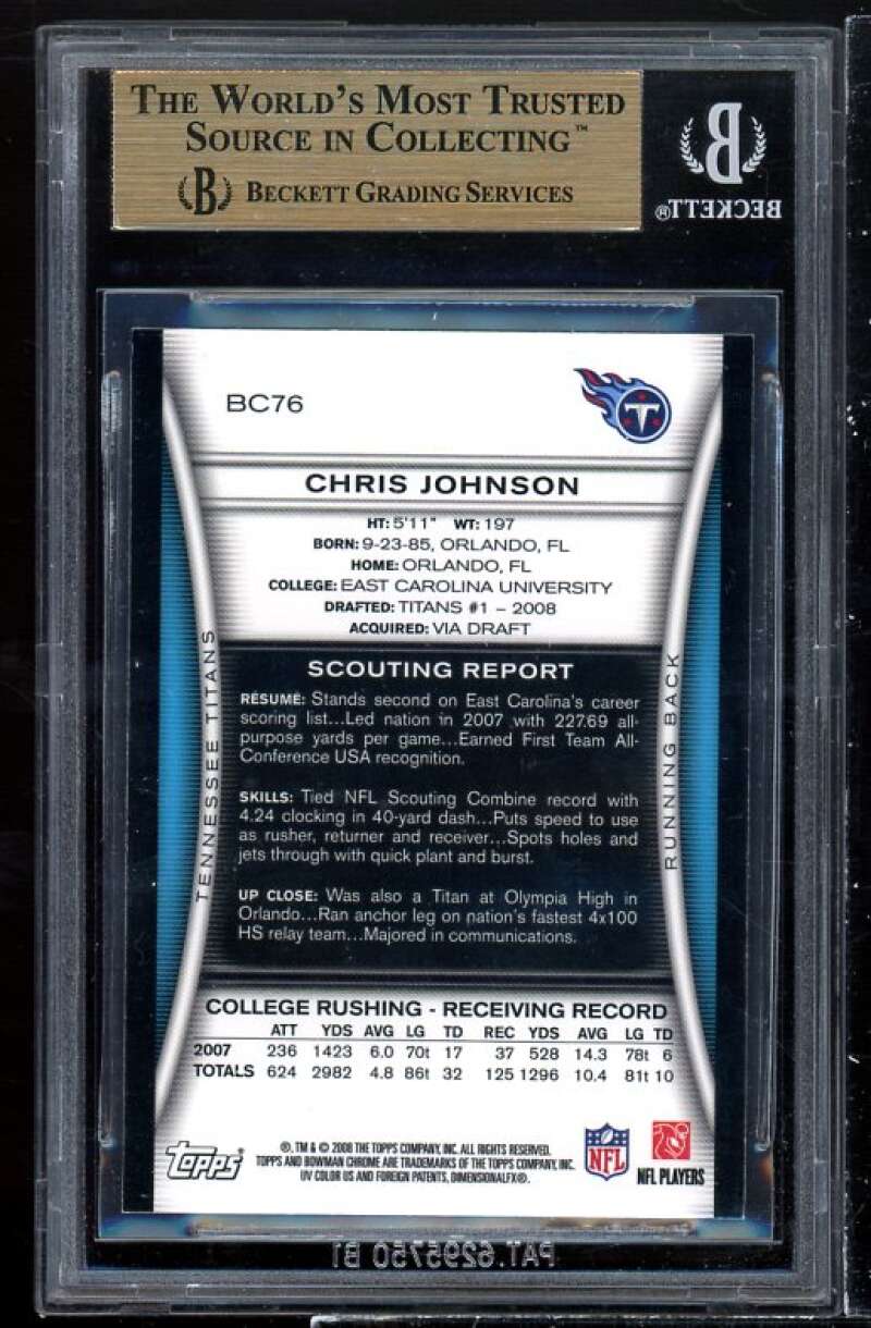 Chris Johnson Rookie Card 2008 Bowman Chrome #BC76 BGS 9.5 (9.5 9.5 9.5 9.5) Image 2