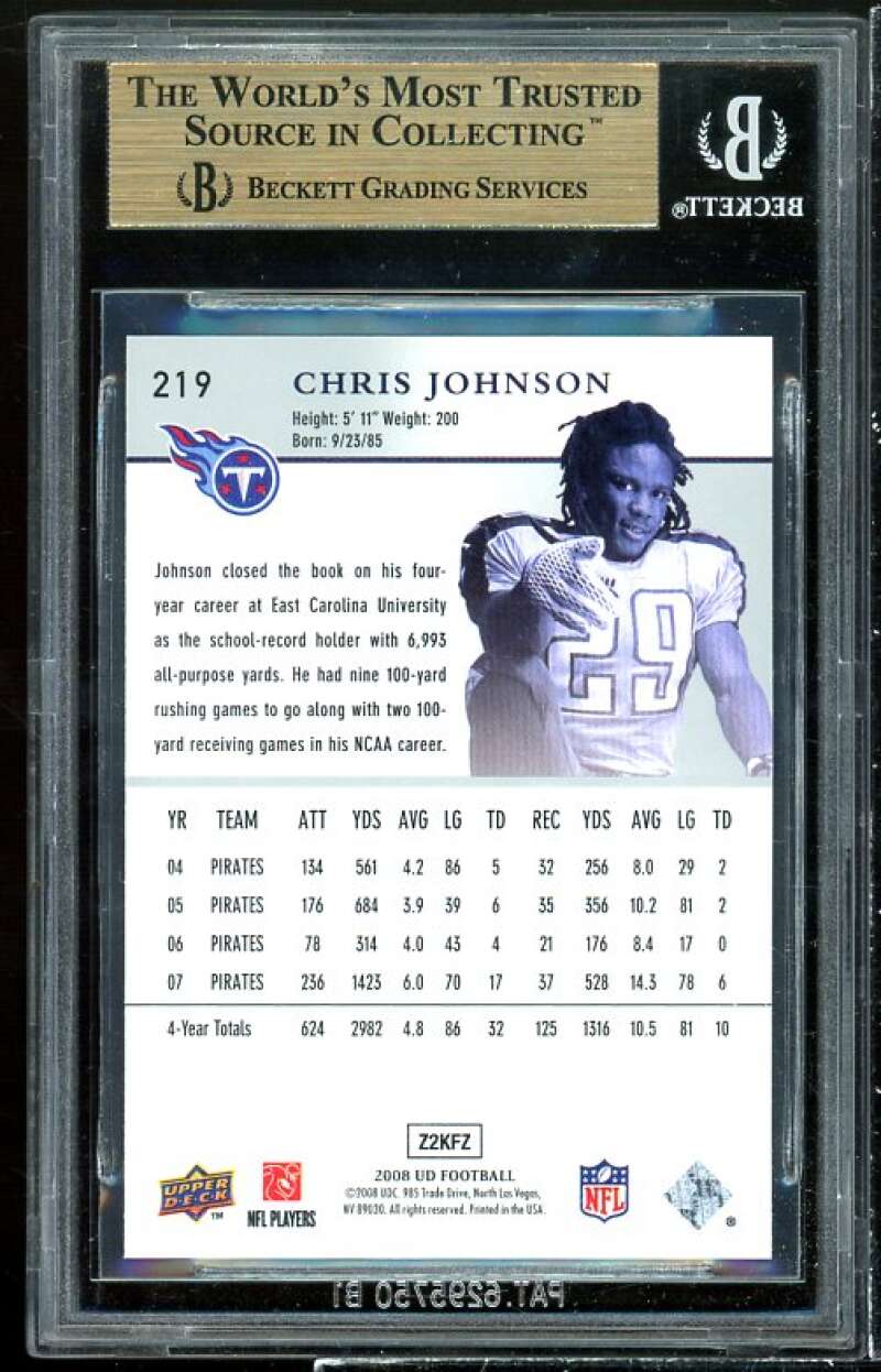 Chris Johnson Rookie Card 2008 Upper Deck #219 BGS 9.5 (9.5 9.5 9.5 10) Image 2