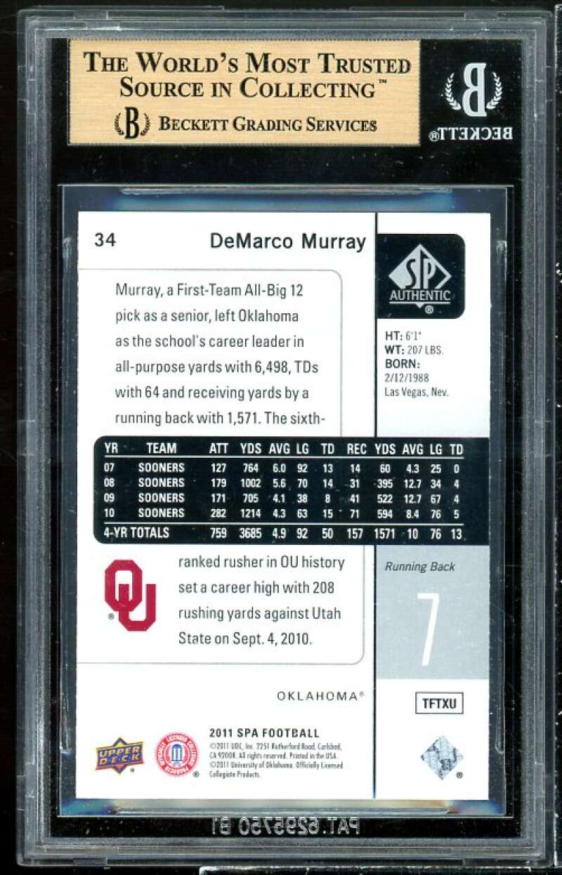 DeMarco Murray Rookie Card 2011 SP Authentic #34 BGS 9.5 (10 9 9.5 9.5) Image 2