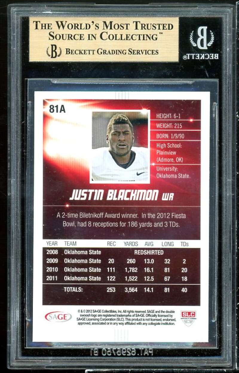 Justin Blackmon Rookie Card 2012 Sage Hit #81a BGS 9.5 (9.5 9.5 9.5 10) Image 2