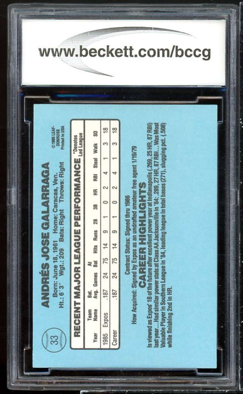 Andres Galarraga Rookie Card 1986 Donruss #33 BGS BCCG 9 Image 2