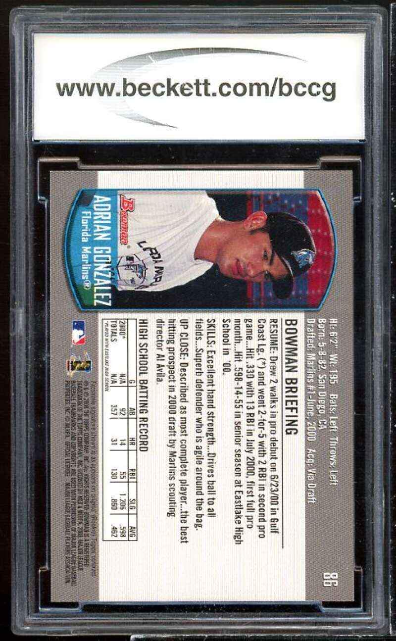 Adrian Gonzalez Rookie Card 2000 Bowman Draft #86 BGS BCCG 10 Image 2