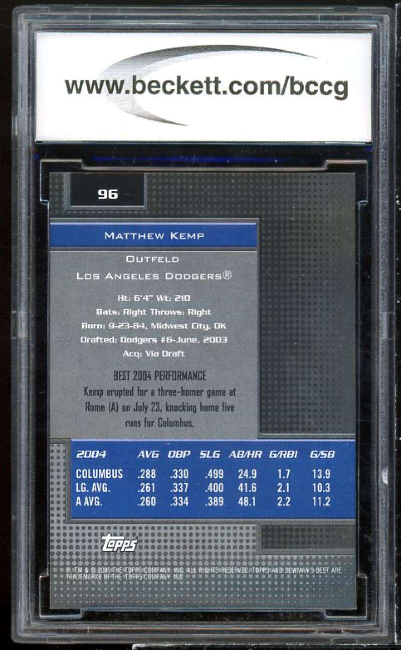 Matt Kemp Rookie Card 2005 Bowman's Best #96 BGS BCCG 10 Image 2