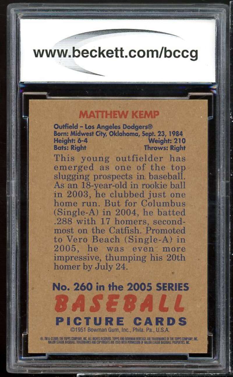 Matt Kemp Rookie Card 2005 Bowman Heritage #260 BGS BCCG 10 Image 2