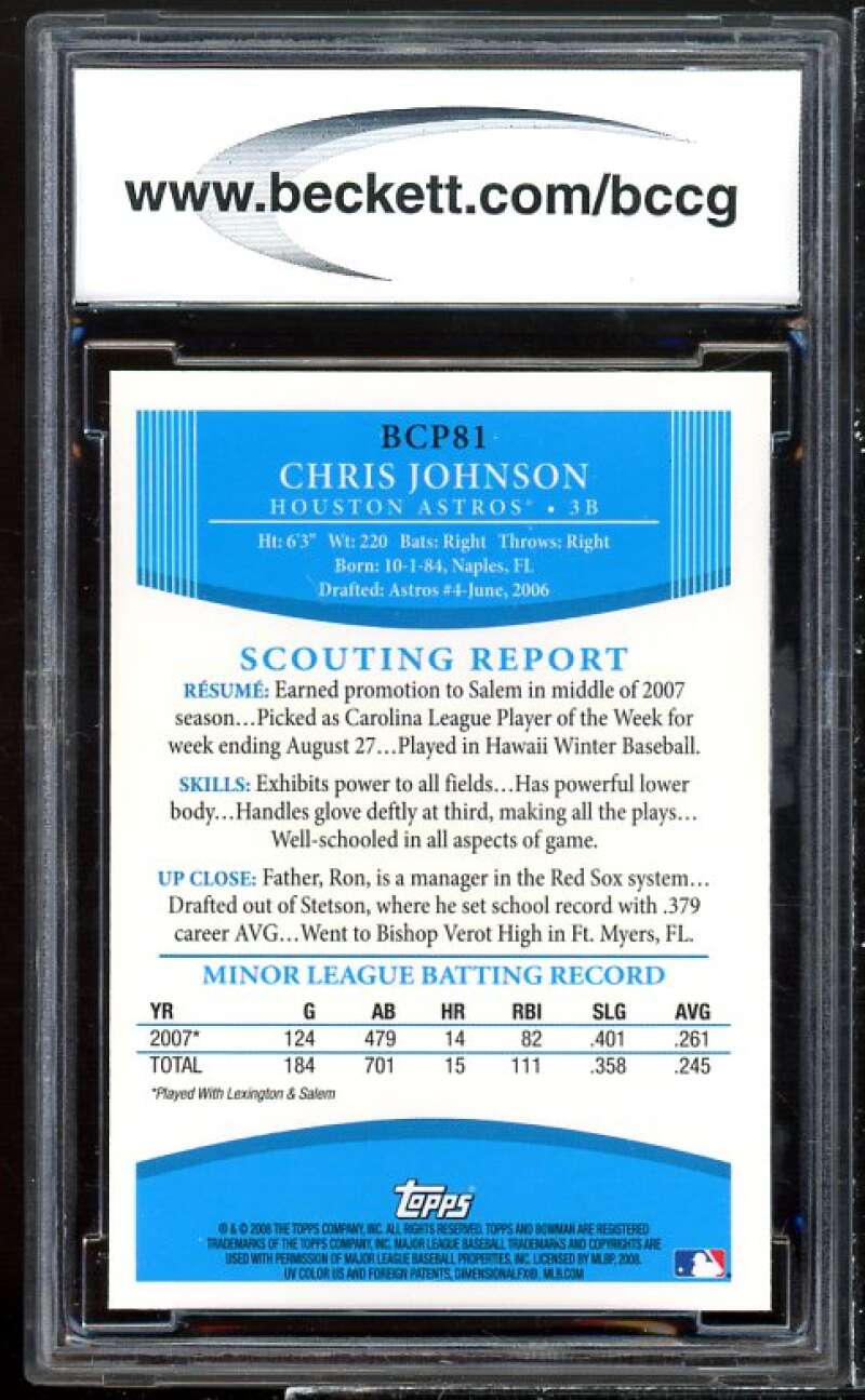 Chris Johnson Rookie Card 2008 Bowman Chrome Prospects #BCP81 BGS BCCG 10 Image 2