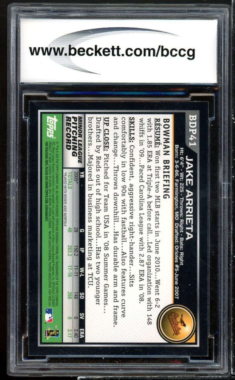 Jake Arrieta Rookie Card 2010 Bowman Chrome Draft #BDP41 BGS BCCG 9 Image 2