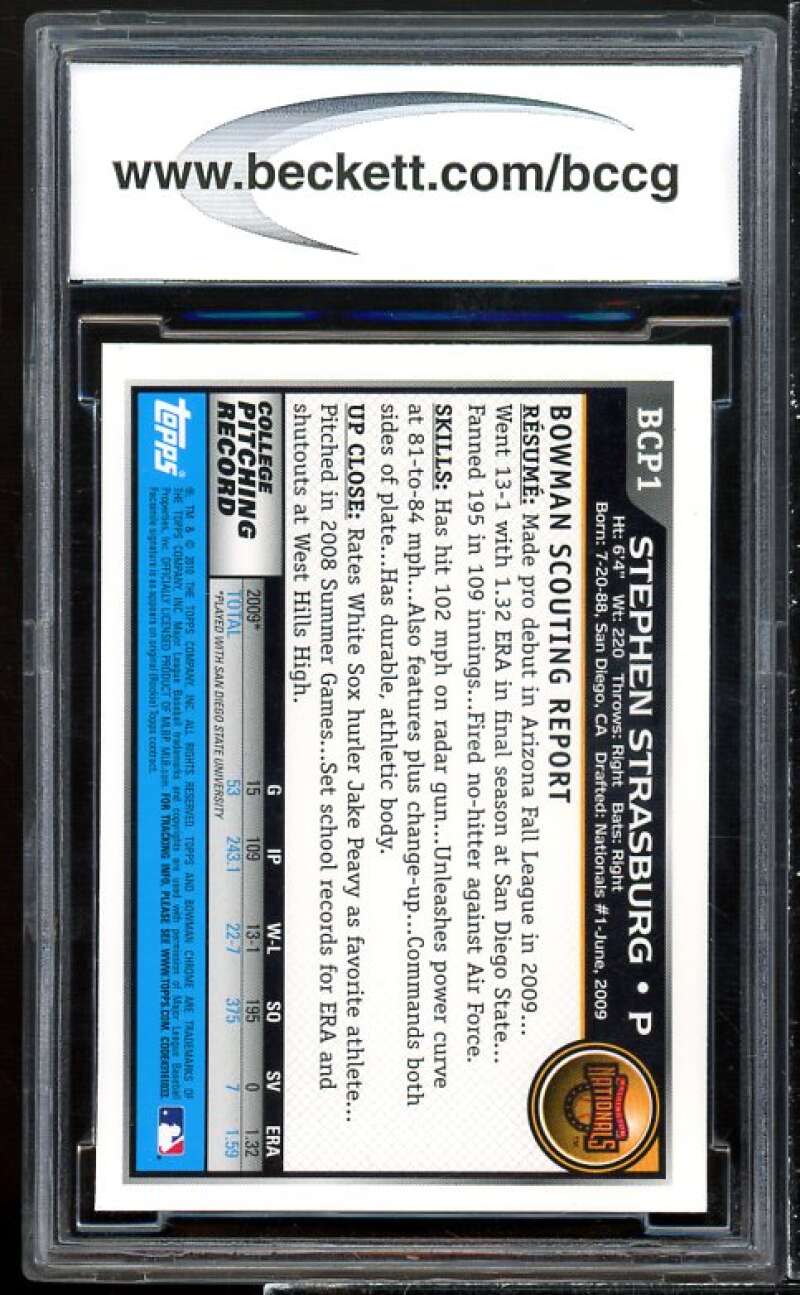 Stephen Strasburg Rookie Card 2010 Bowman Chrome Prospects #BCP1 BGS BCCG 9 Image 2