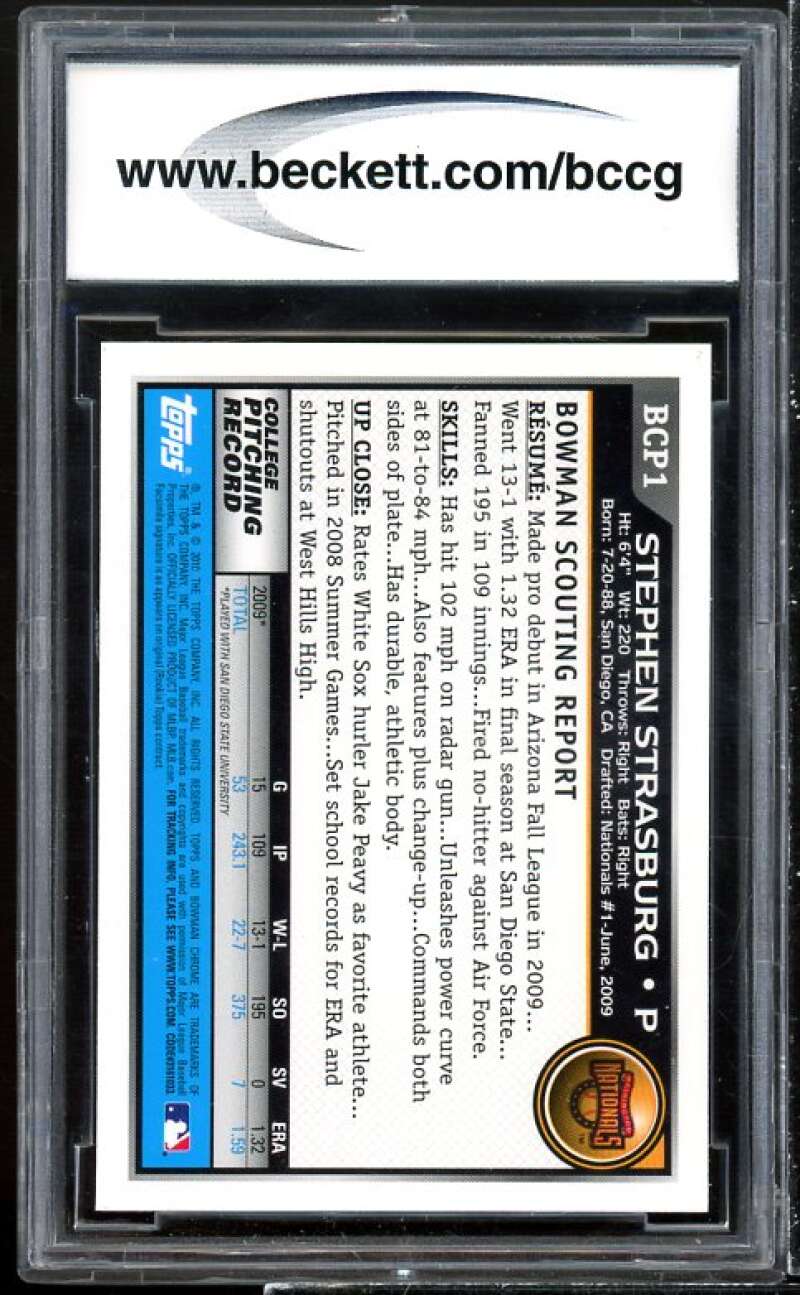 Stephen Strasburg Rookie Card 2010 Bowman Chrome Prospects #BCP1 BGS BCCG 10 Image 2