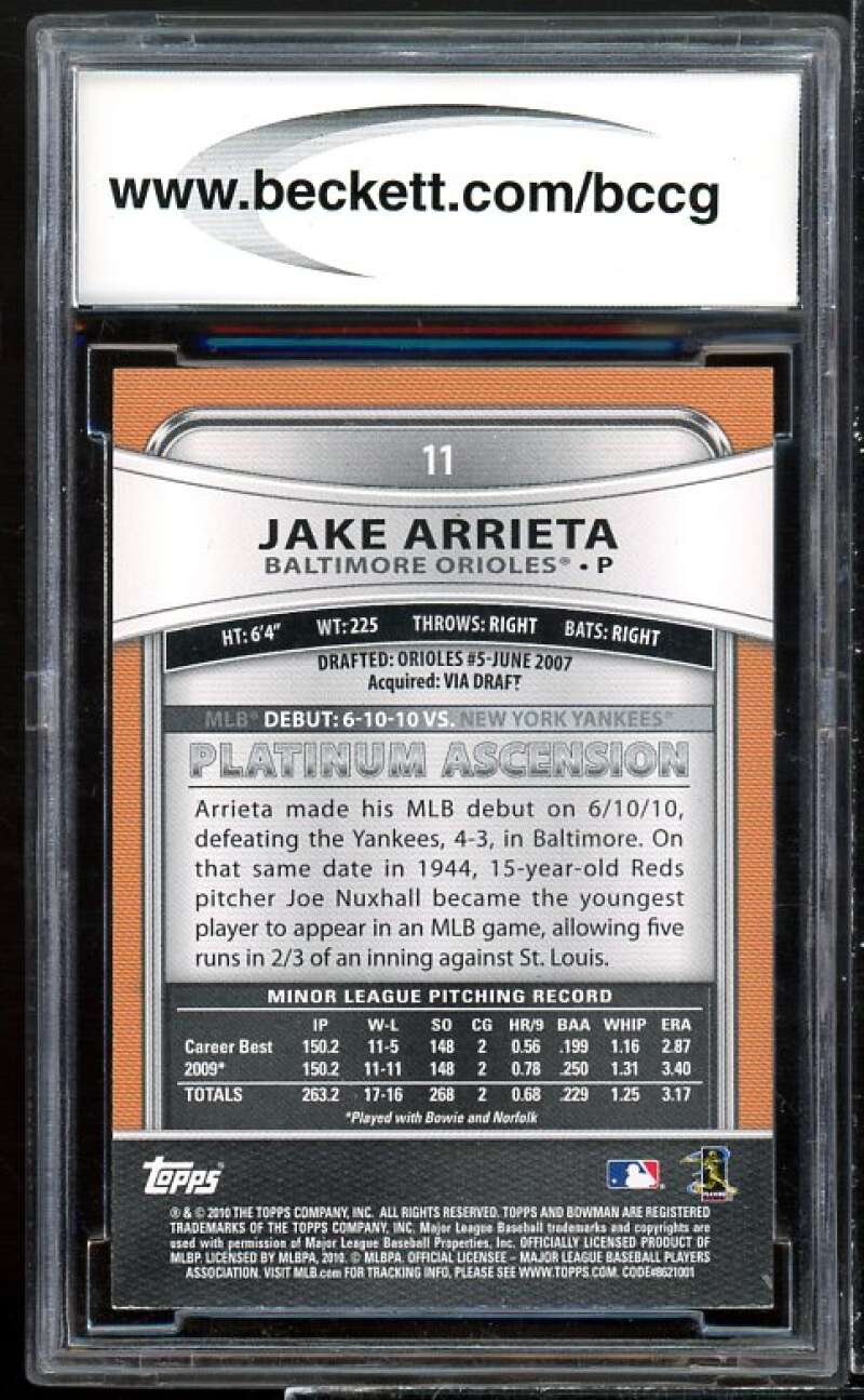 Jake Arrieta Rookie Card 2010 Bowman Platinum #11 BGS BCCG 9 Image 2