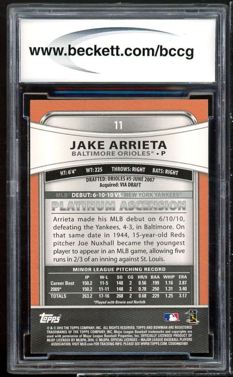 Jake Arrieta Rookie Card 2010 Bowman Platinum #11 BGS BCCG 10 Image 2