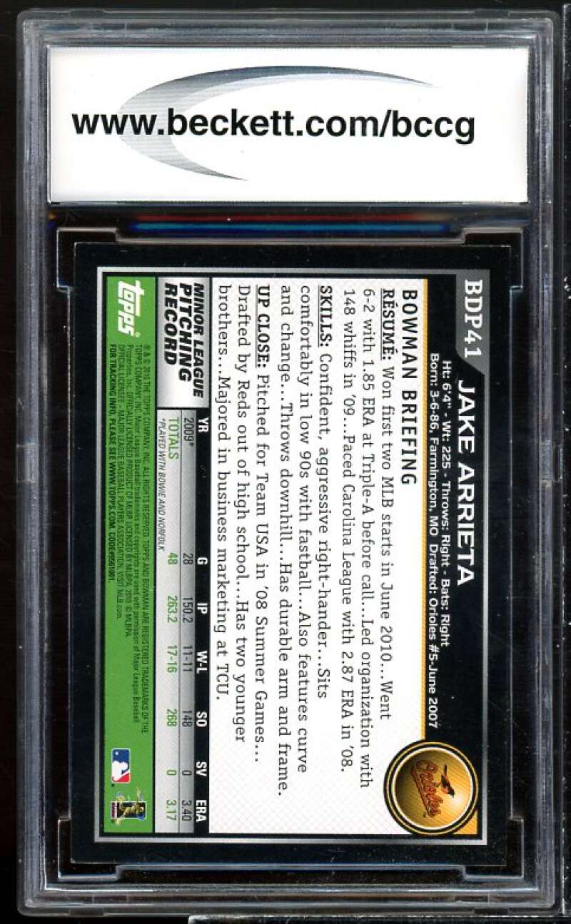 Jake Arrieta Rookie Card 2010 Bowman Draft Picks #BDP41 BGS BCCG 9 Image 2