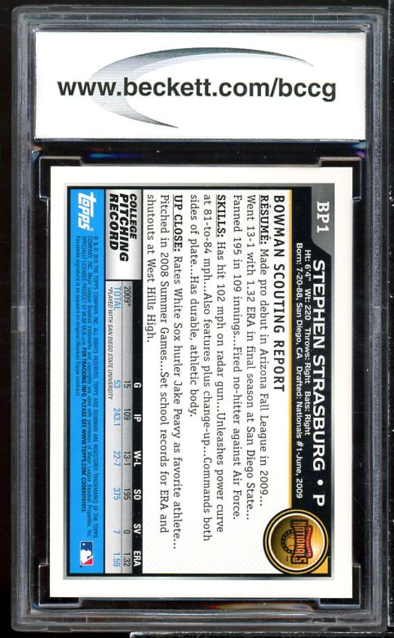 Stephen Strasburg Rookie Card 2010 Bowman Prospects Black #BP1 BGS BCCG 9 Image 2