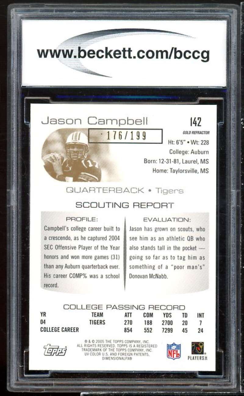 Jason Campbell Rookie Card 2005 Topps DPn Pros Chrome Gold Ref #142 BGS BCCG 10 Image 2