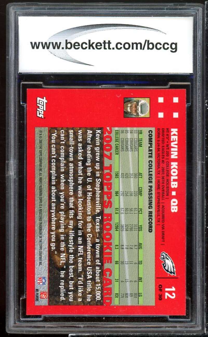 Kevin Kolb Rookie Card 2007 Topps Exclusive Rookies #12 BGS BCCG 10 Image 2