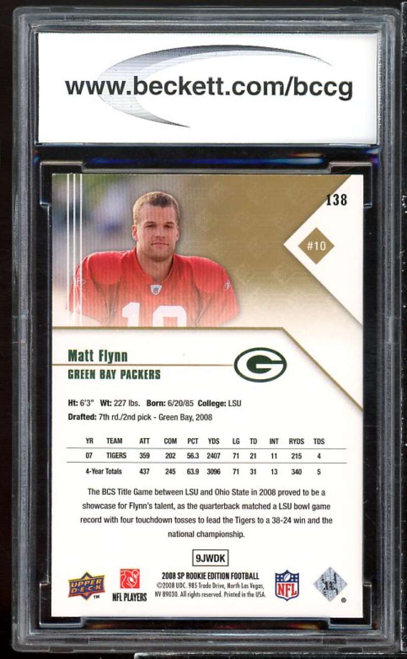 Matt Flynn Rookie Card 2008 SP Rookie Edition #138 BGS BCCG 10 Image 2