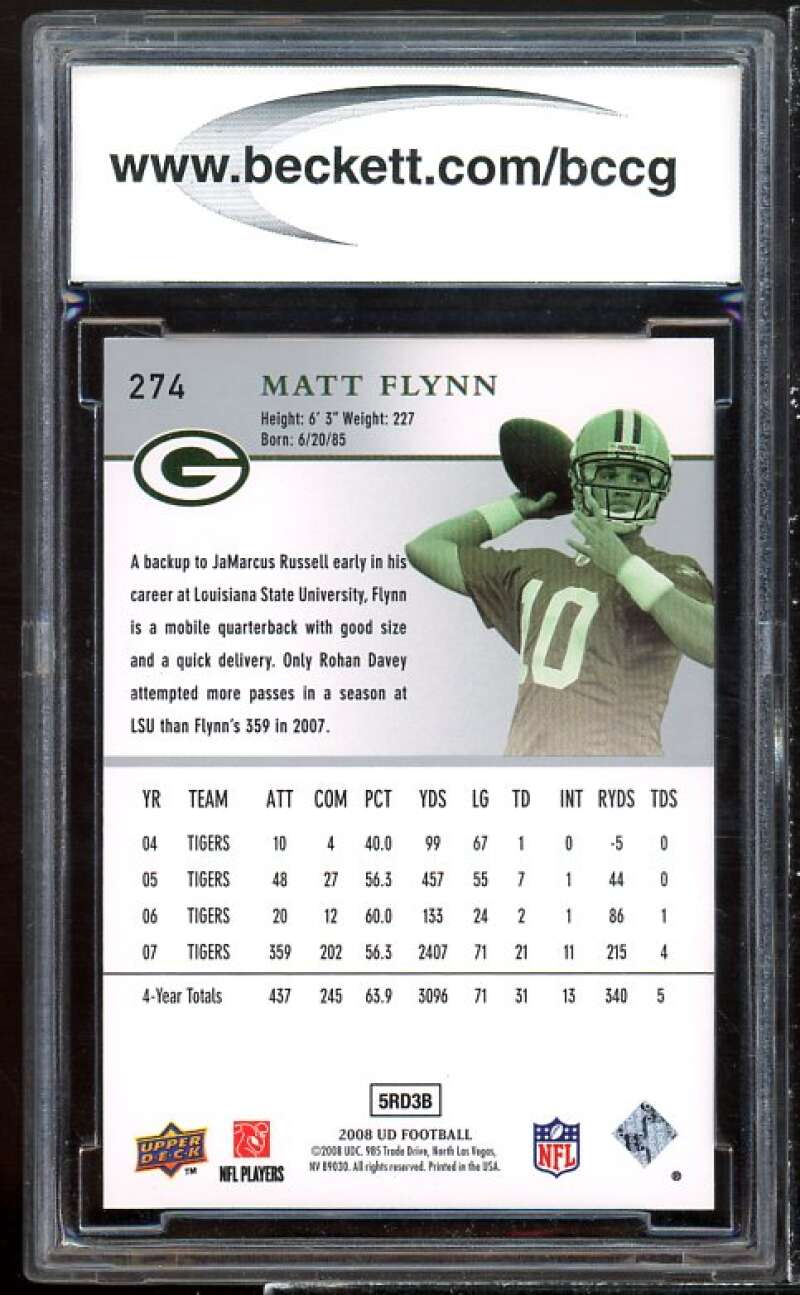 Matt Flynn Rookie Card 2008 Upper Deck #274 BGS BCCG 10 Image 2