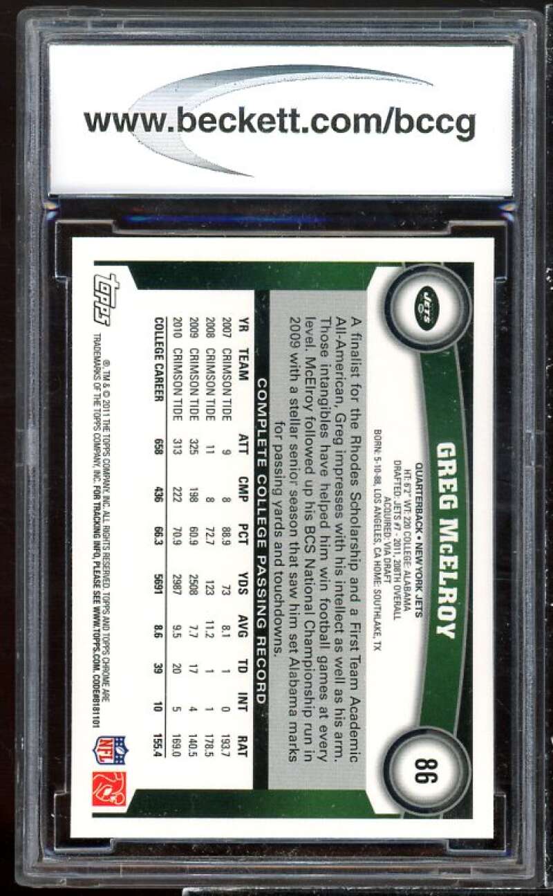 Greg McElroy Rookie Card 2011 Topps Chrome #86 BGS BCCG 10 Image 2