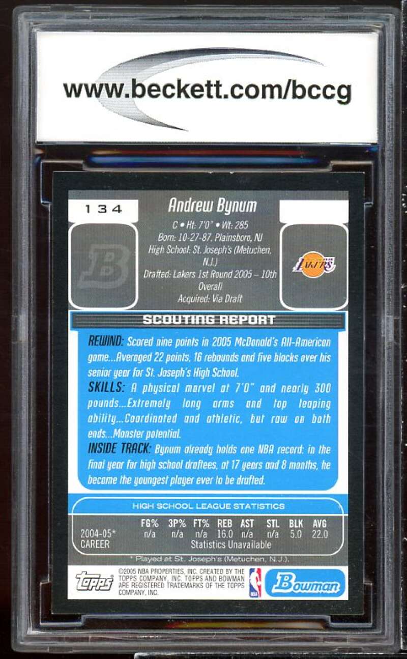 Andrew Bynum Rookie Card 2005-06 Bowman #134 BGS BCCG 10 Image 2