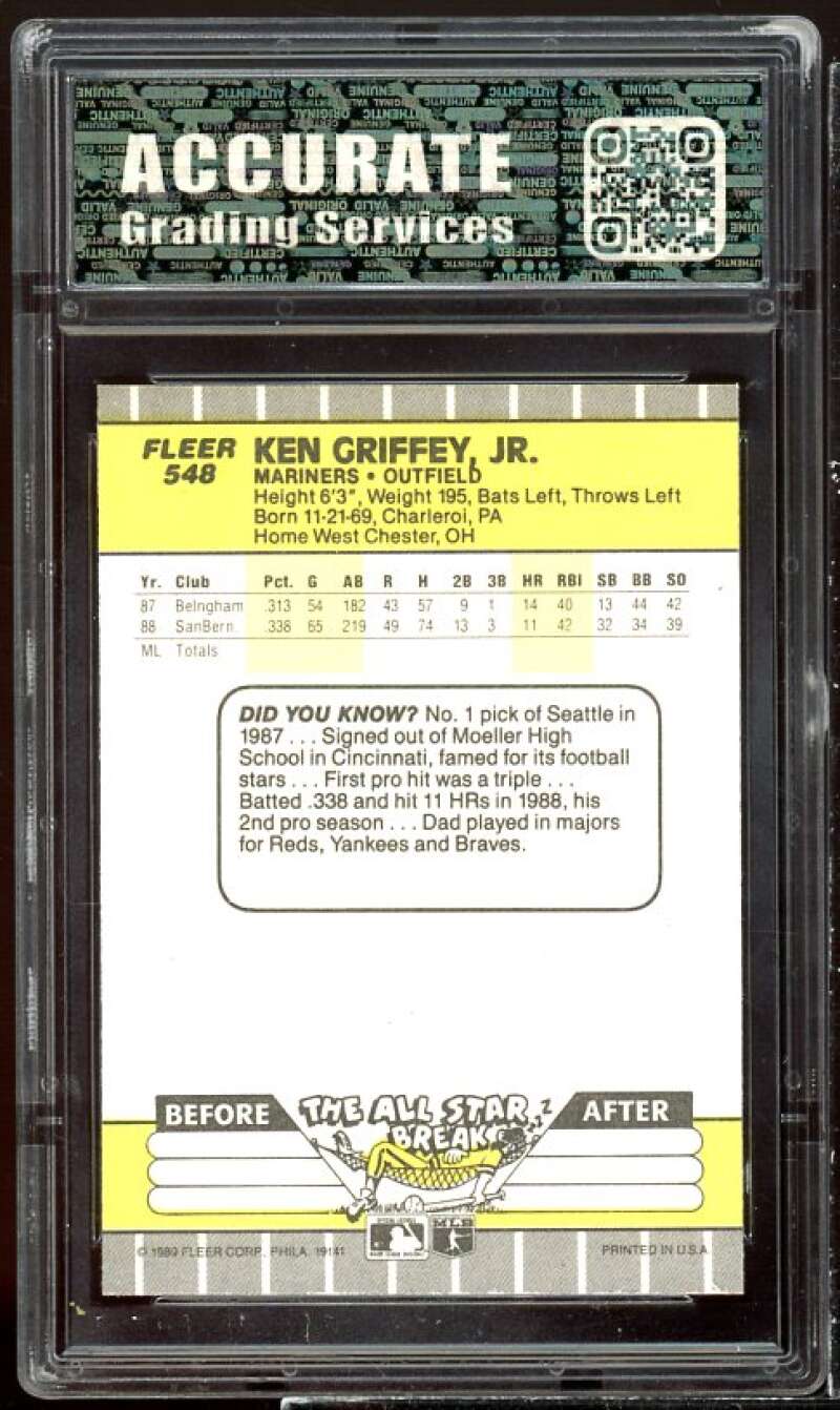 Ken Griffey Jr. Rookie Card 1989 Fleer #33 AGS 9 MINT Image 2