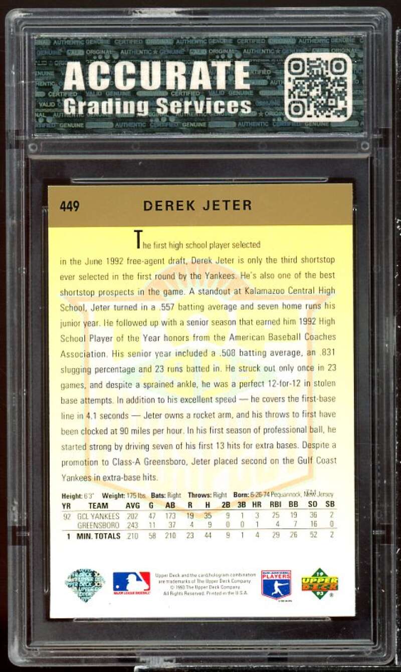 Derek Jeter Rookie Card 1993 Upper Deck #448 AGS 8 NM/MT Image 2