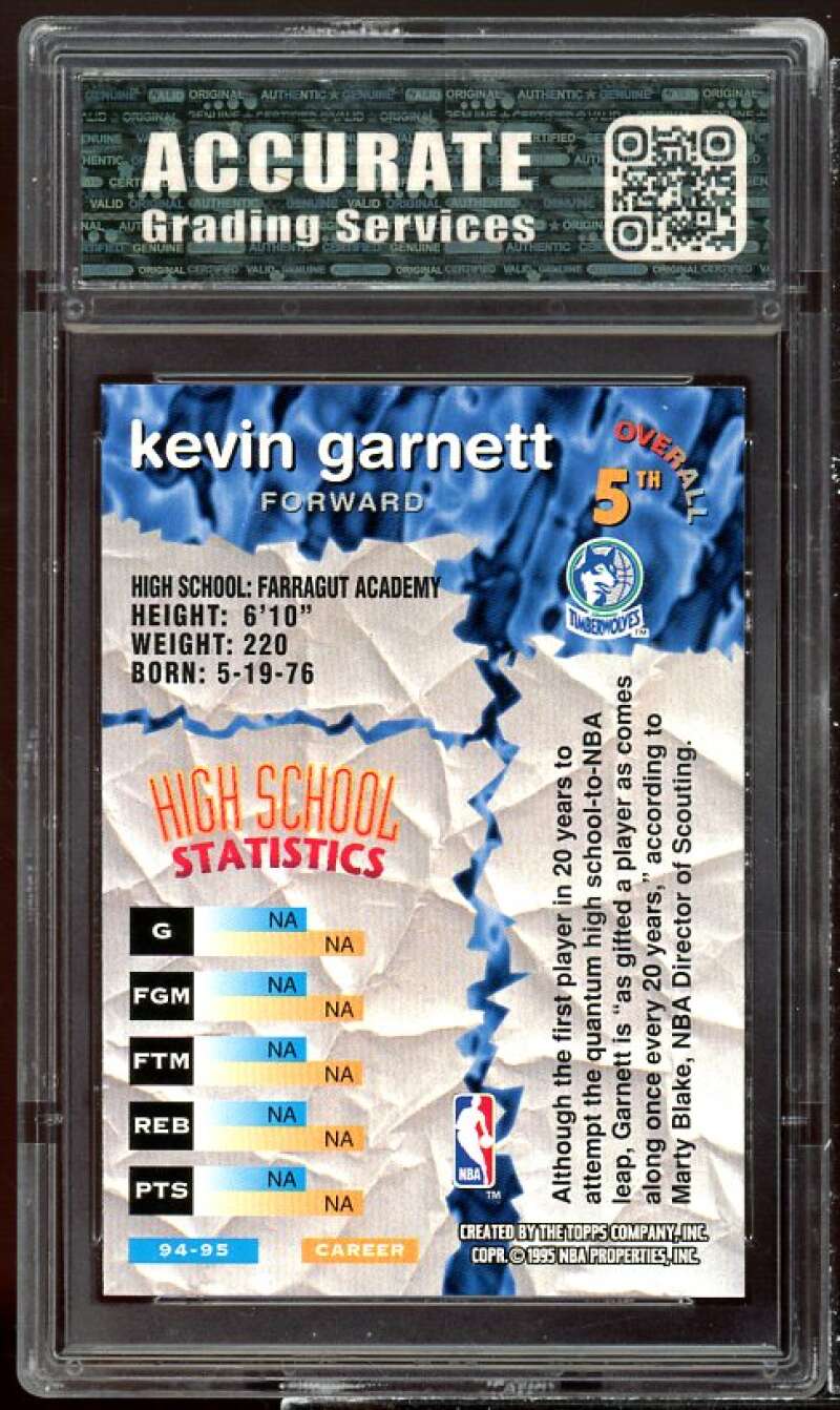 Kevin Garnett Rookie Card 1995-96 Topps Stadium Club #5 AGS 8 NM/MT Image 2