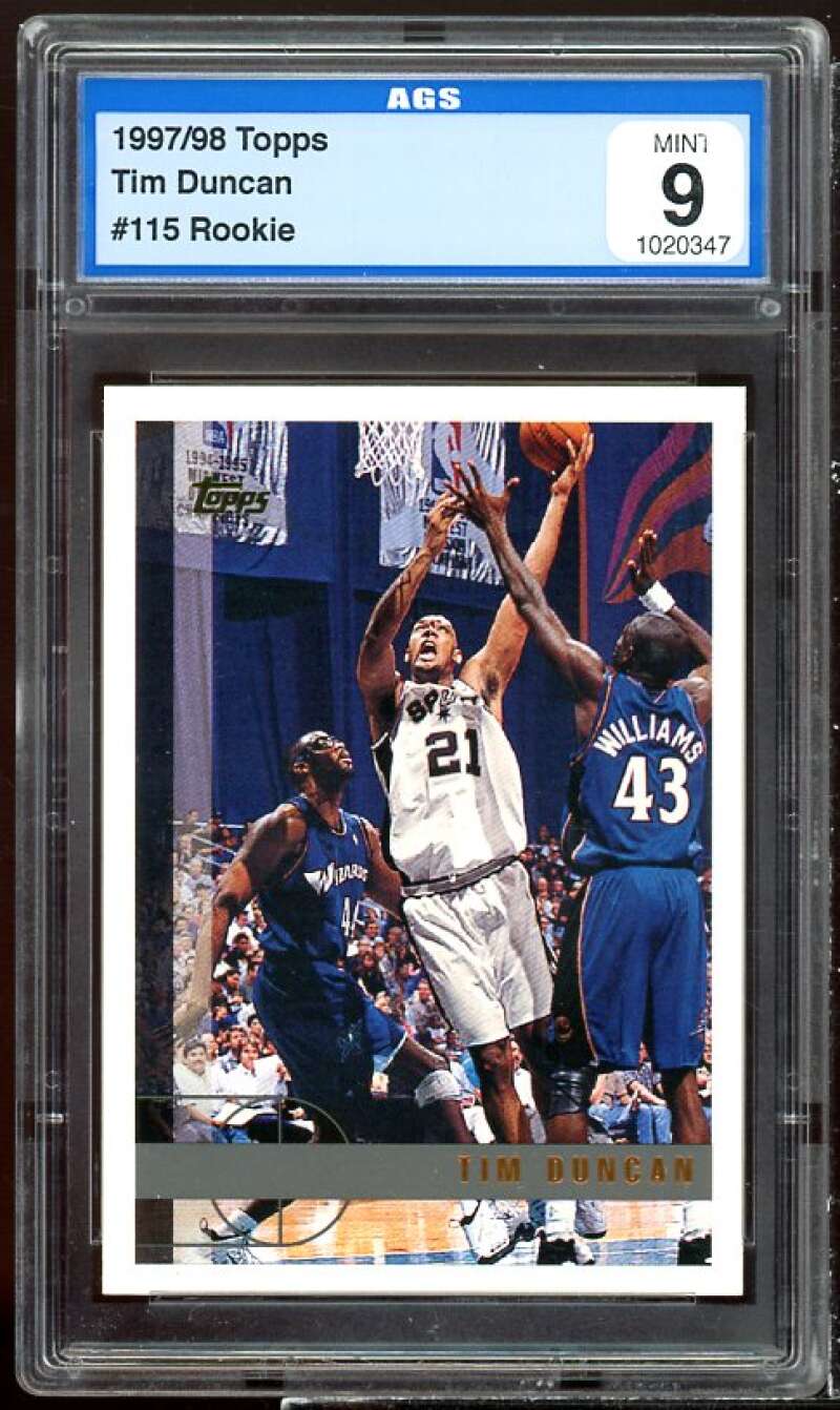 Tim Duncan Rookie Card 1997-98 Topps #115 AGS 9 MINT Image 1