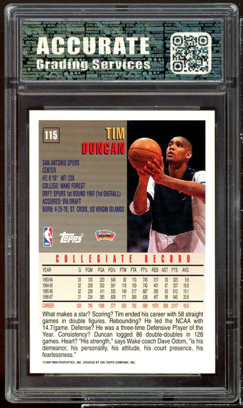 Tim Duncan Rookie Card 1997-98 Topps #115 AGS 9 MINT Image 2