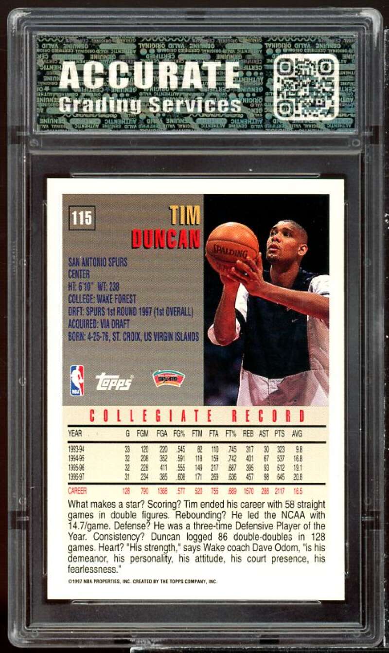 Tim Duncan Rookie Card 1997-98 Topps #115 AGS 10 GEM MT Image 2