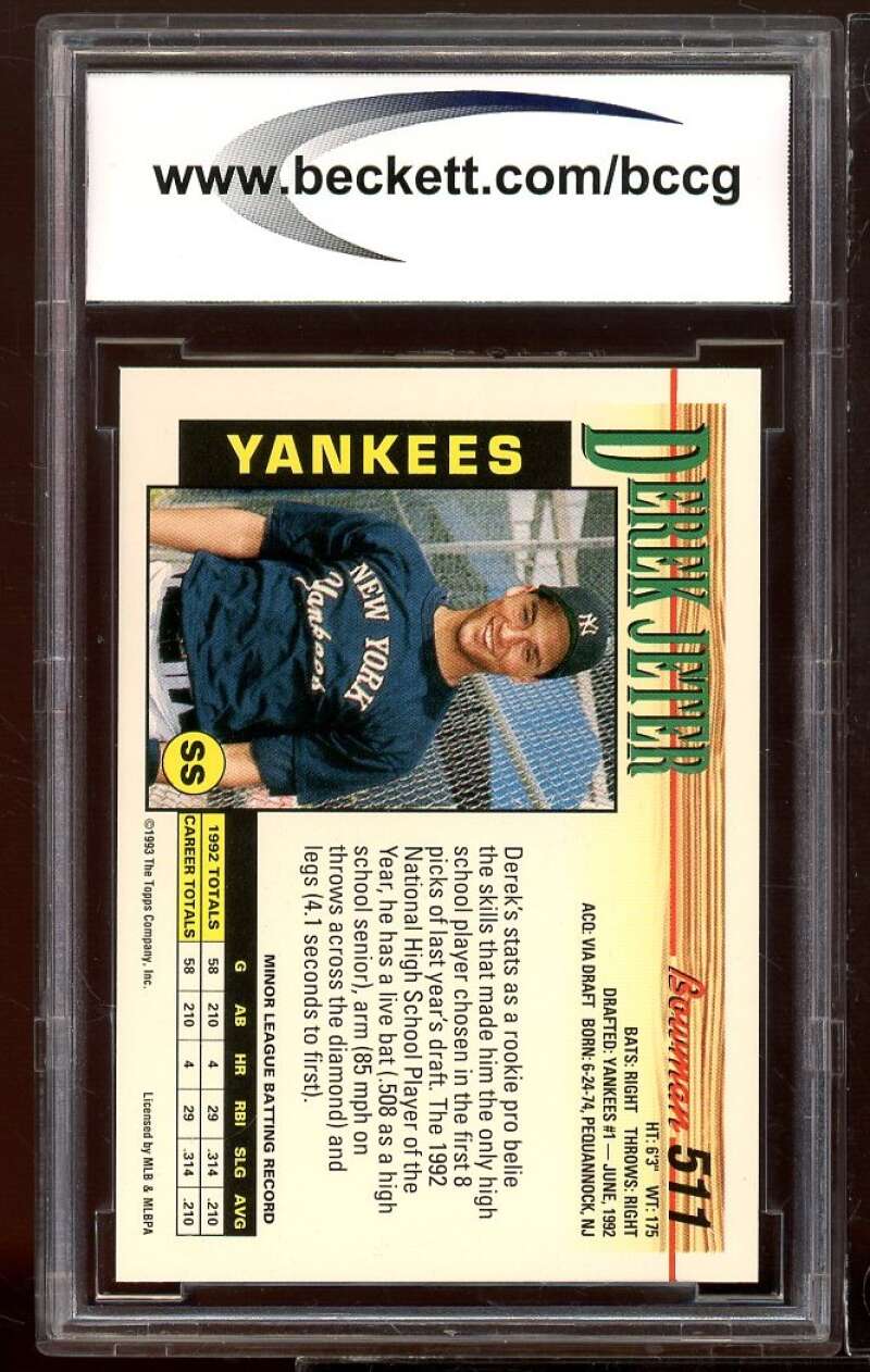 1993 Bowman #511 Derek Jeter Rookie Card BGS BCCG 9 Near Mint+ Image 2