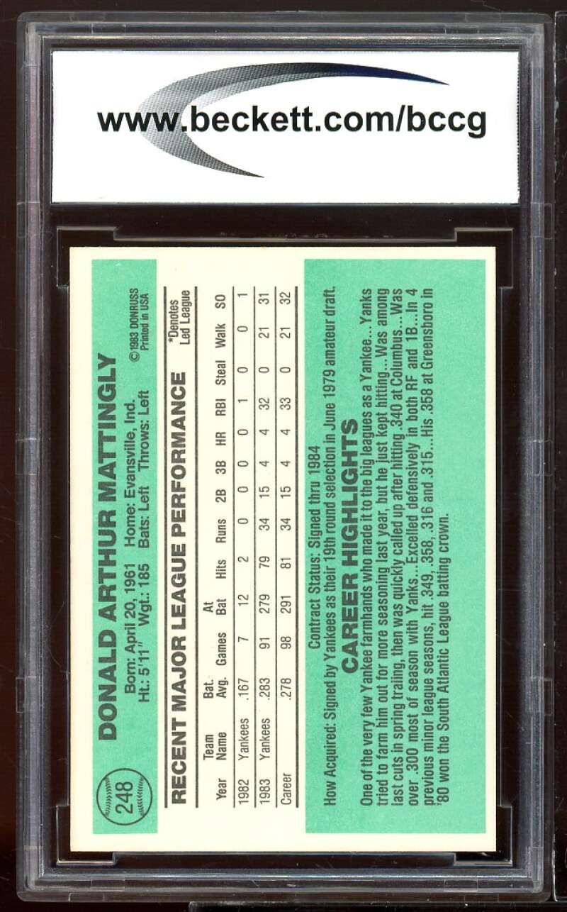 1984 Donruss #248 Don Mattingly Rookie Card BGS BCCG 9 Near Mint+ Image 2