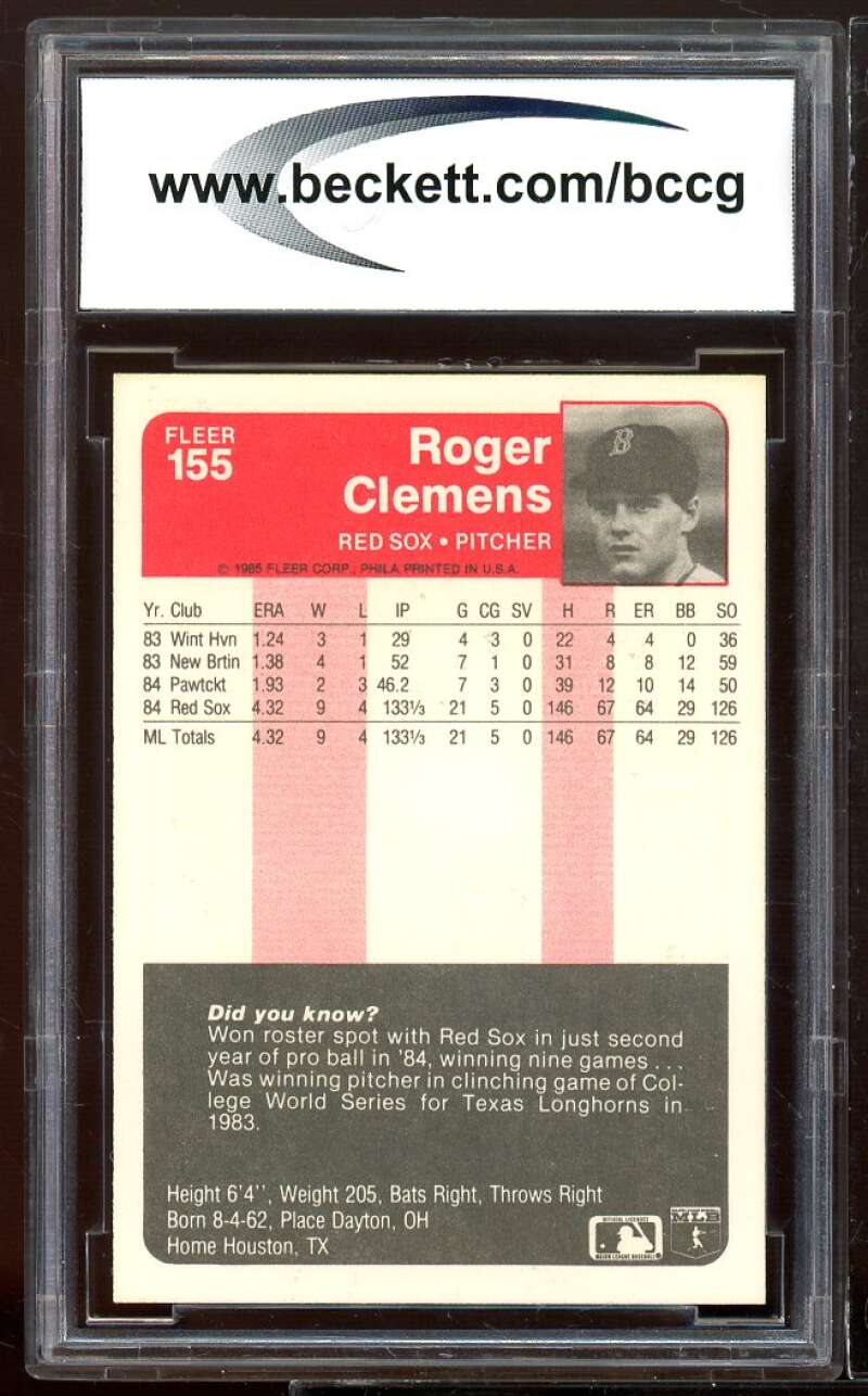 1985 Fleer #155 Roger Clemens Rookie Card Card BGS BCCG 10 Mint+ Image 2