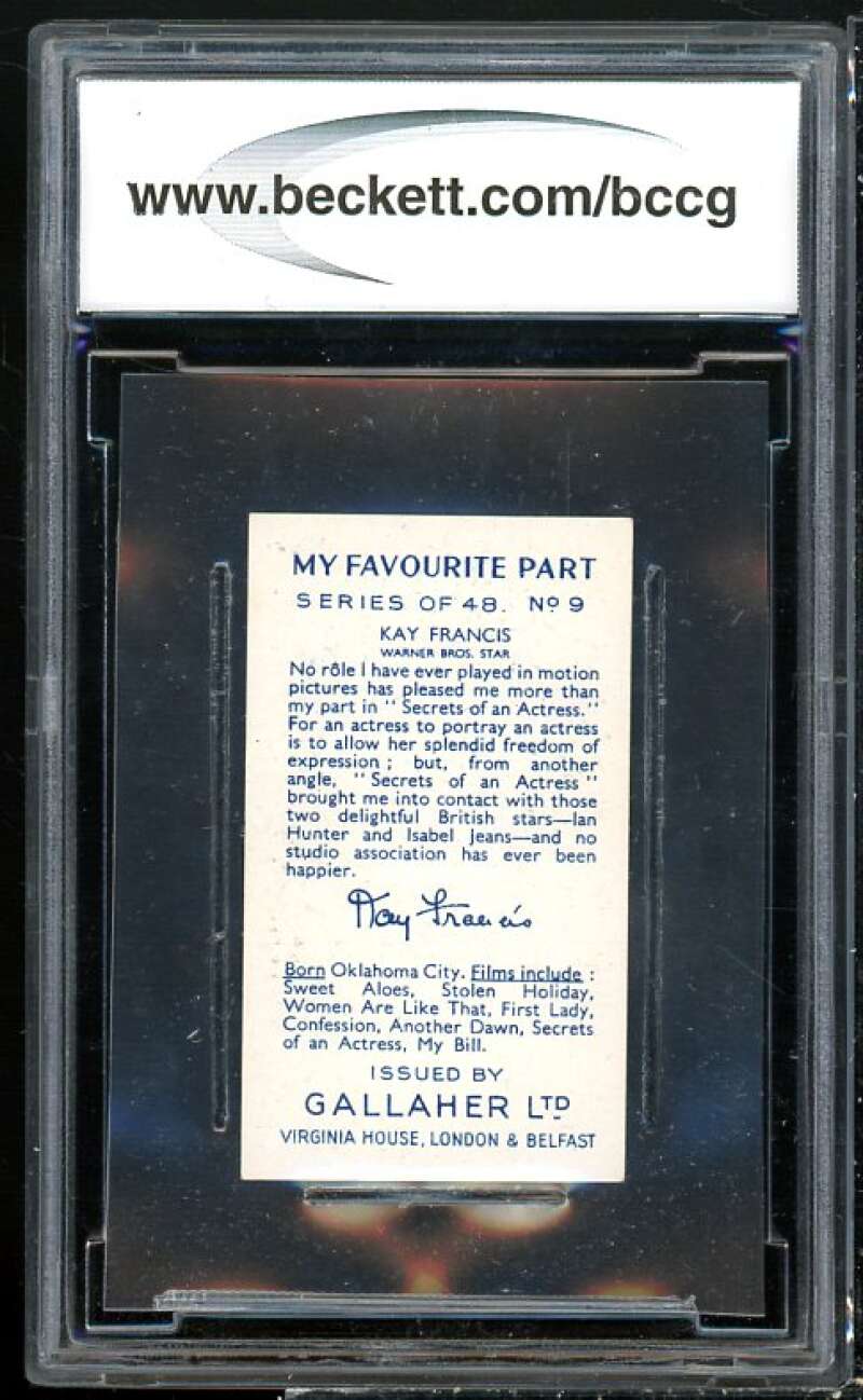 Kay Francis Card 1939 Gallaher My Favourite Part #9 BGS BCCG 9 Image 2