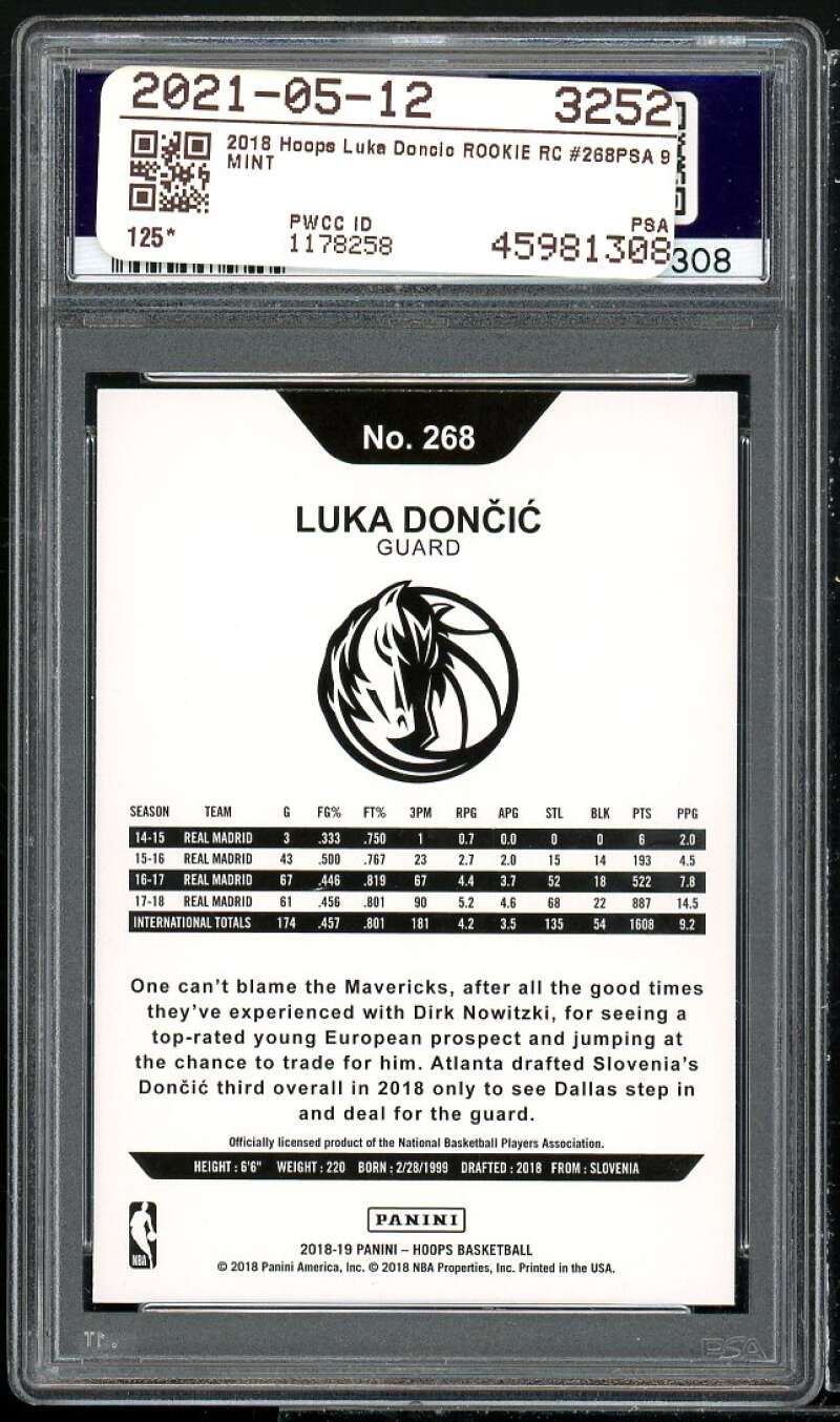 Luka Doncic Rookie Card 2018-19 Hoops #268 PSA 9 Image 2
