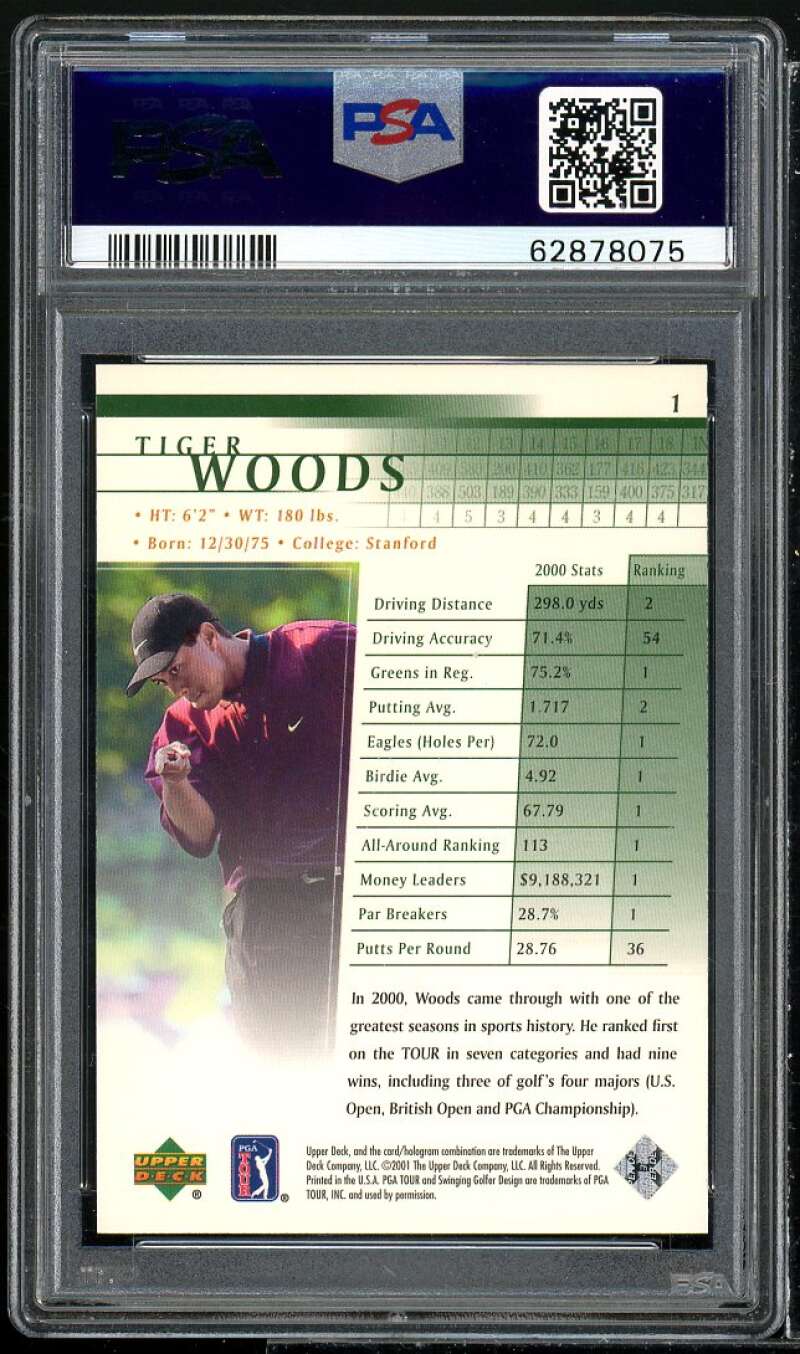 Tiger Woods Gold Rookie Card 2001 Upper Deck #1 PSA 9 Image 2