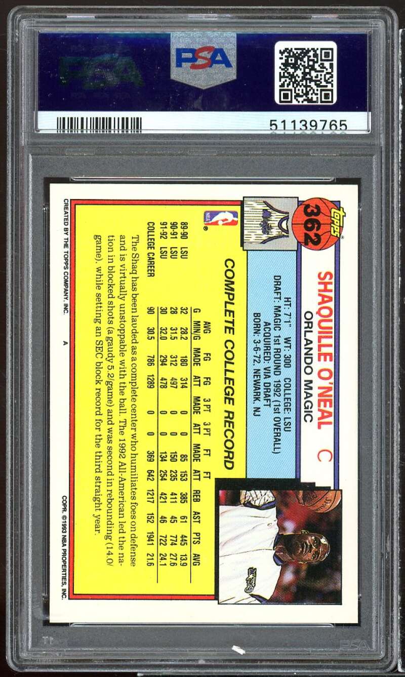 Shaquille O'Neal Rookie Card 1992-93 Topps #362 PSA 9 Image 2