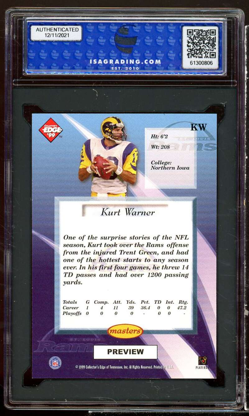 Kurt Warner Rookie 1999 Collector's Edge Masters Preview Silver #KW ISA 9 MINT Image 2