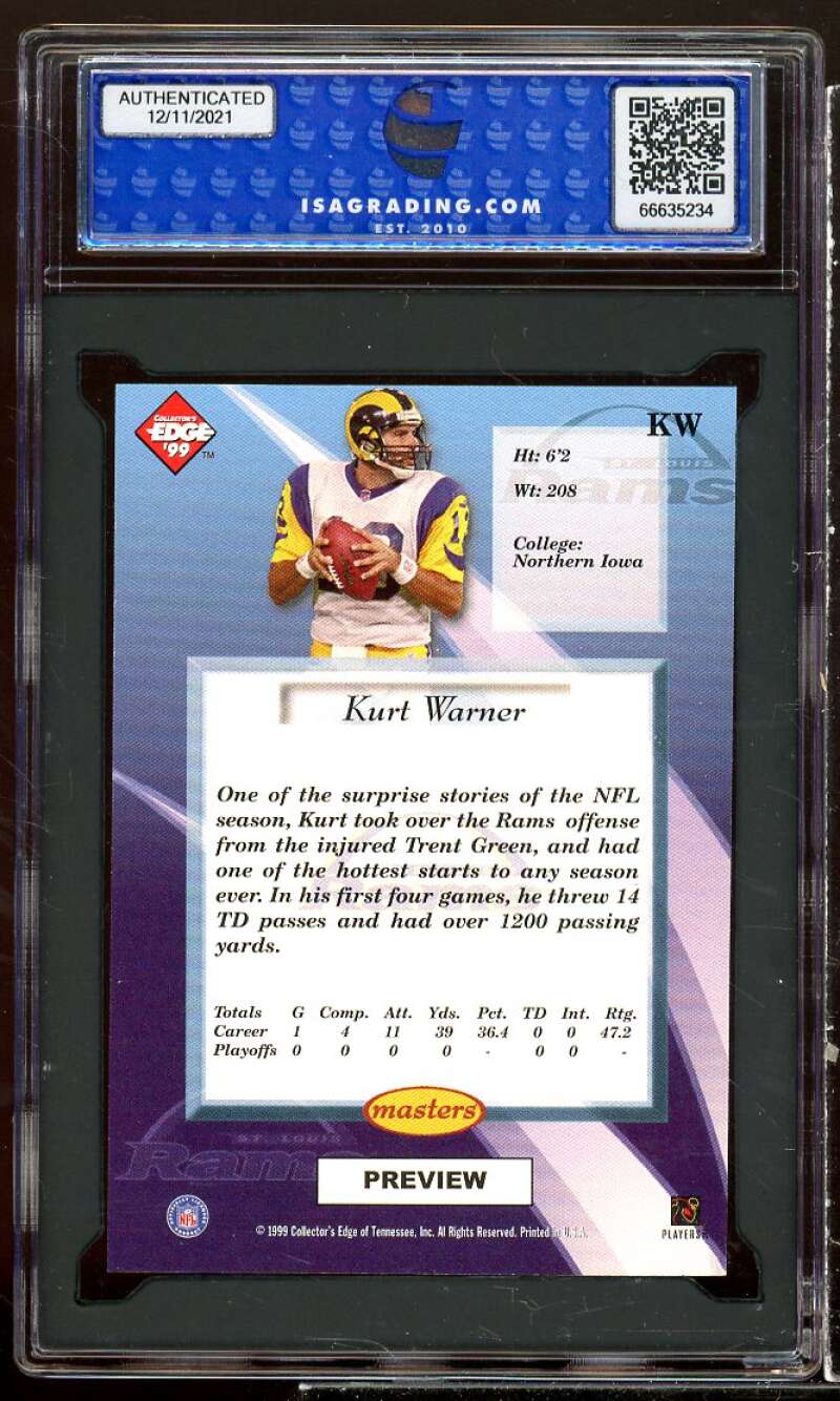 Kurt Warner Rookie 1999 Collector's Edge Masters Prev Silver #KW ISA 10 GEM MT Image 2