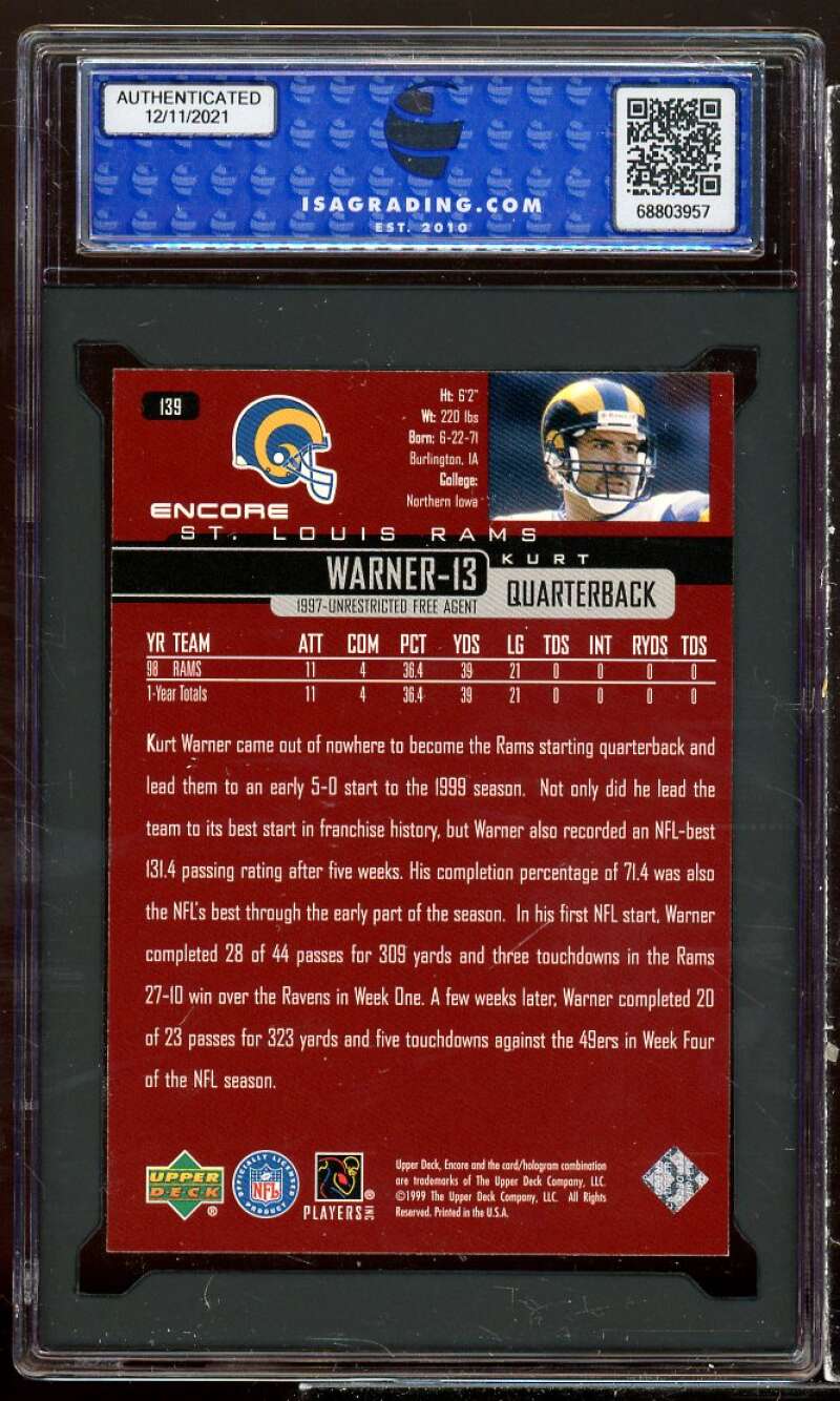 Kurt Warner Rookie Card 1999 Upper Deck Encore #139 ISA 10 GEM MT Image 2