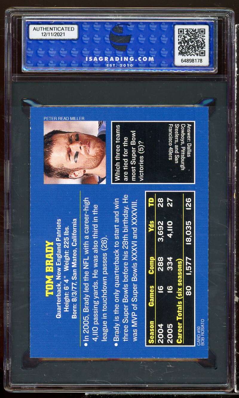 Tom Brady Card 2006 S.I. For Kids #50 ISA 10 GEM MT Image 2