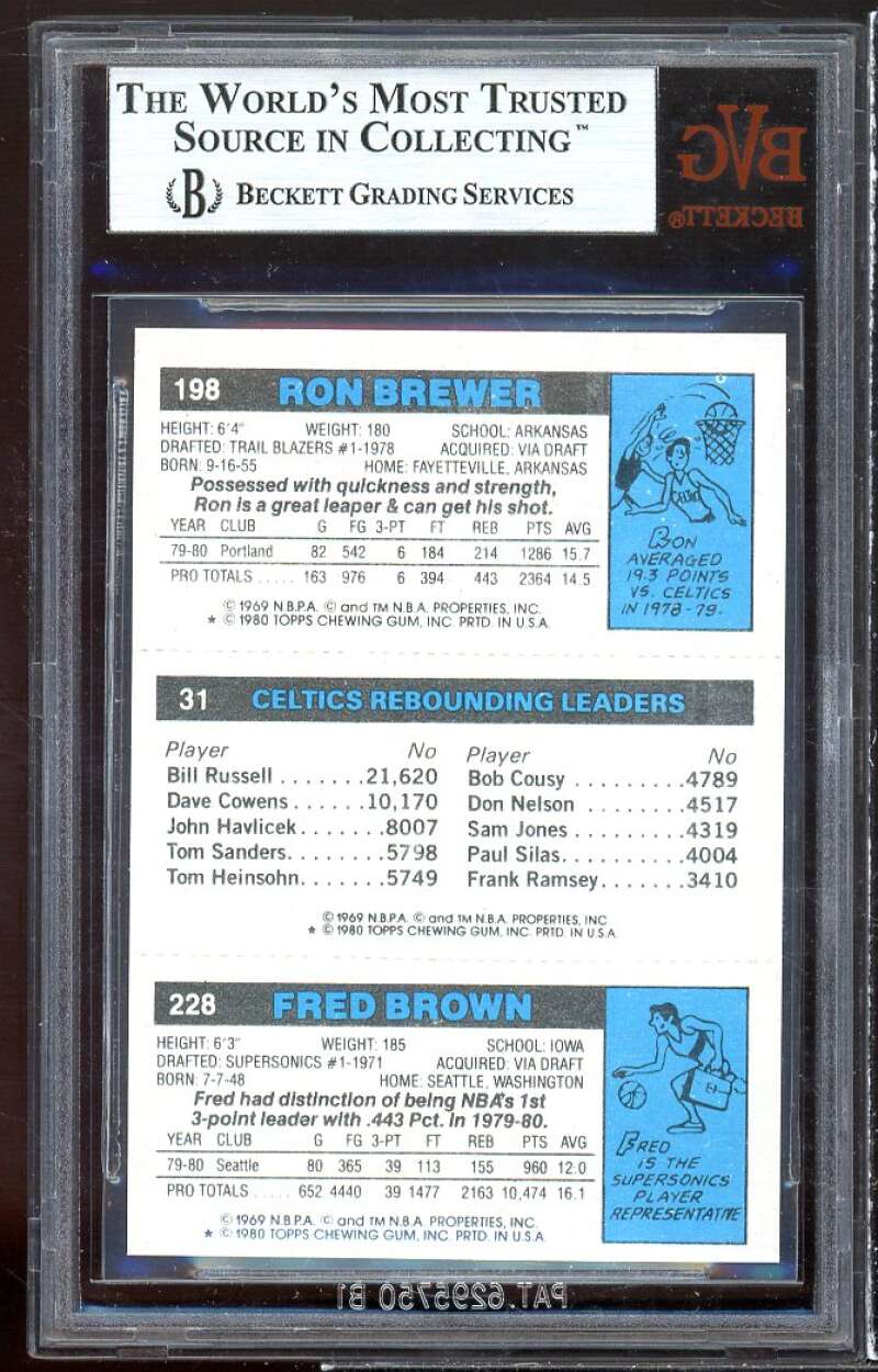 Fred Brown / Ron Brewer / Larry Bird Rookie Card 1980-81 Topps #165 BGS BVG 9 Image 2