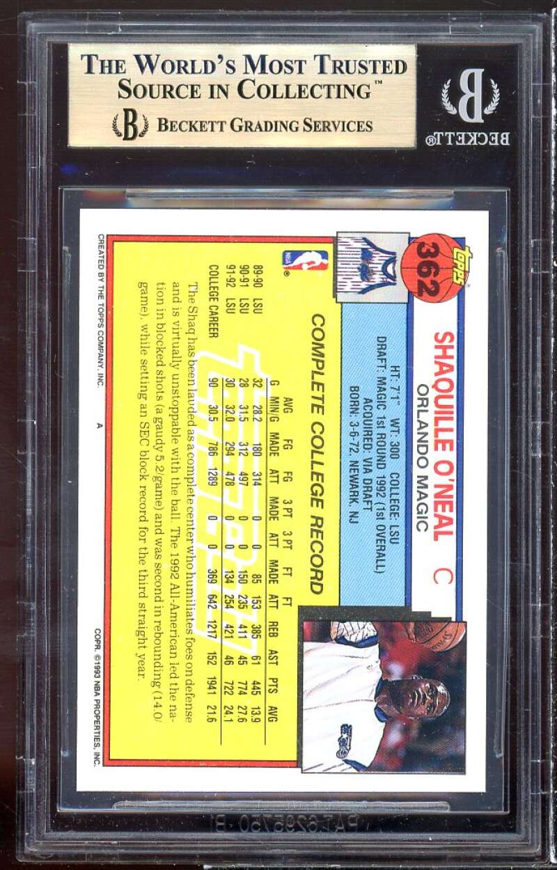 Shaquille O'Neal Rookie Card 1992-93 Topps Gold #362 BGS 9.5 (9.5 9 9.5 9.5) Image 2