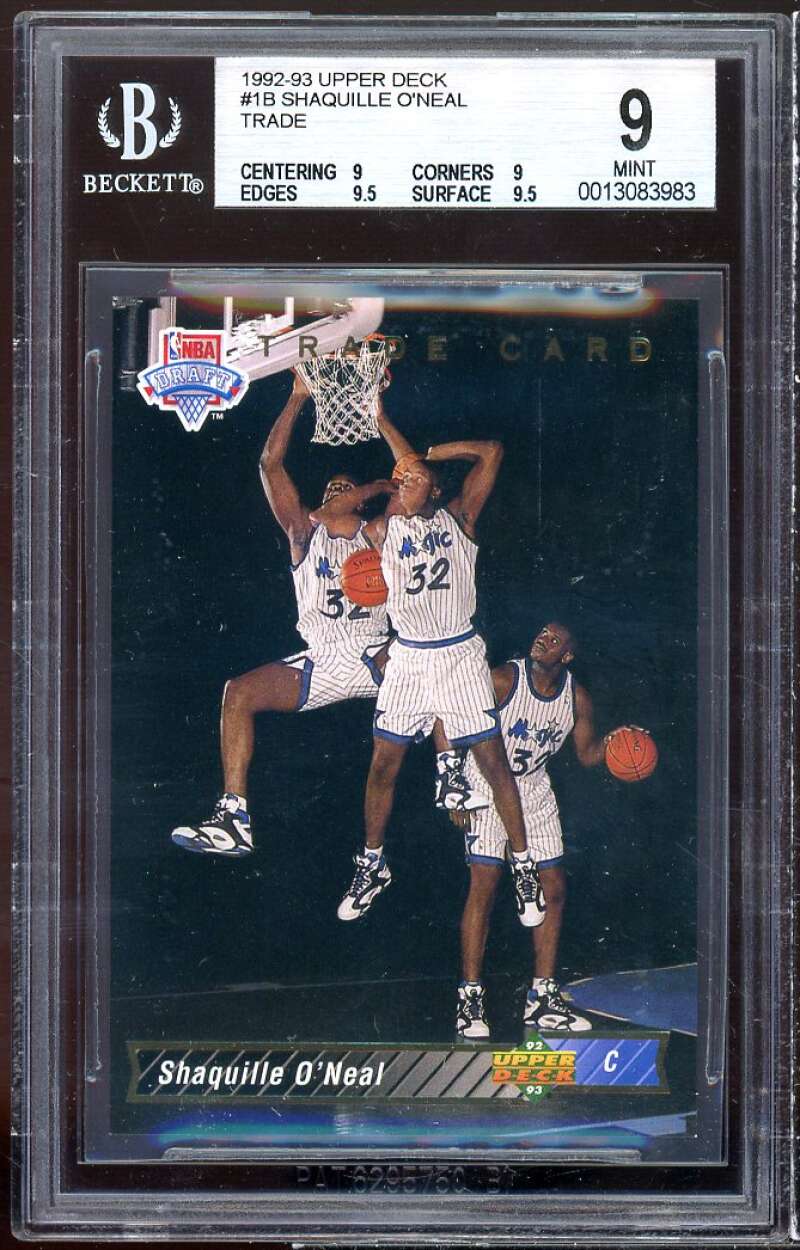 Shaquille O'Neal Rookie Card 1992-93 Upper Deck #1B Traded BGS 9 (9 9 9.5 9.5) Image 1