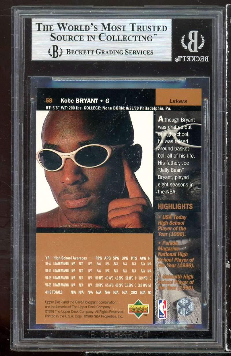 Kobe Bryant Rookie Card 1996-97 Upper Deck #58 BGS 9 (9.5 9 8.5 9.5) Image 2