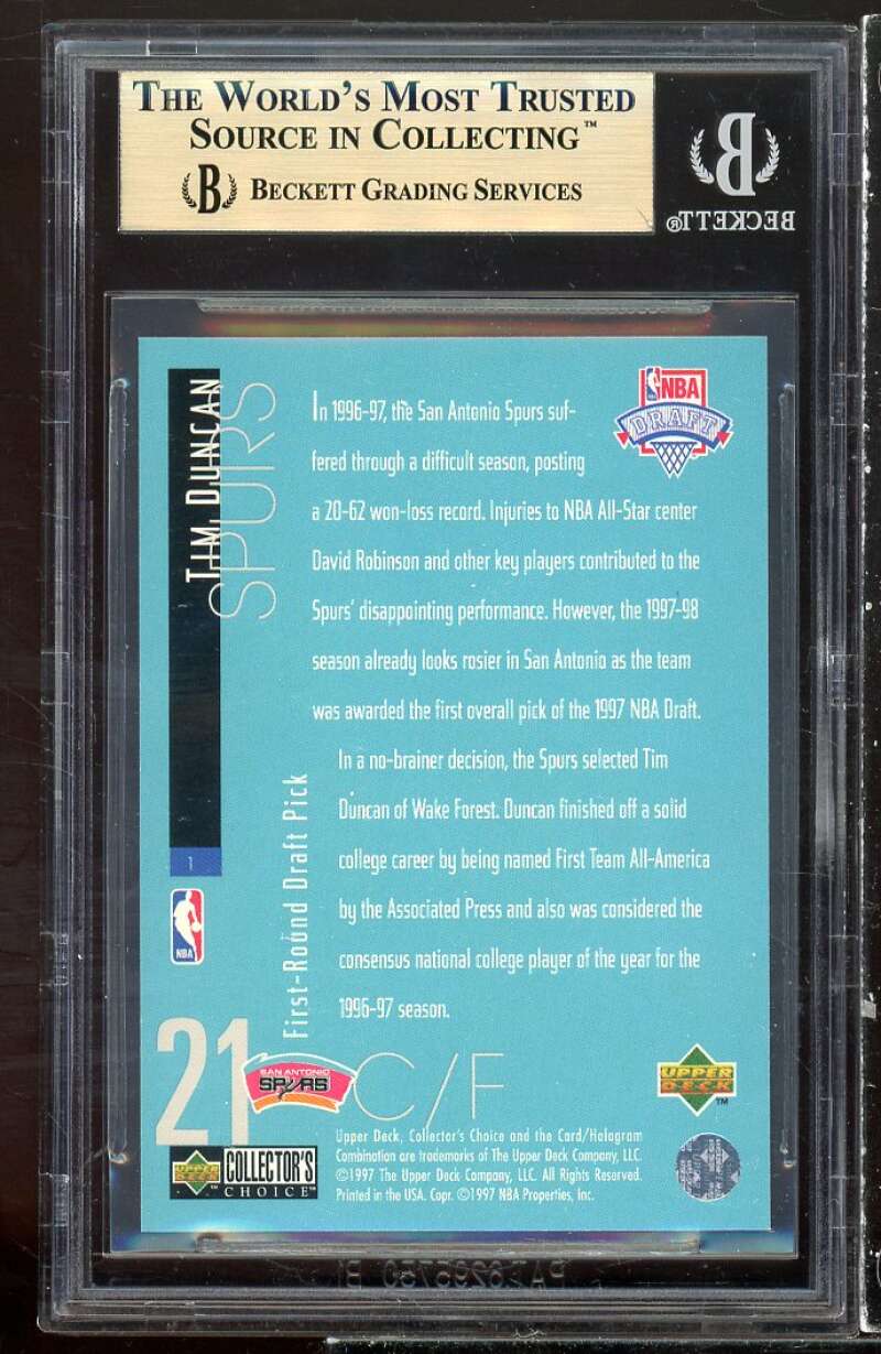 Tim Duncan Rookie Card 1997-98 Collector's Choice Draft Trade #1 BGS 9.5 Image 2