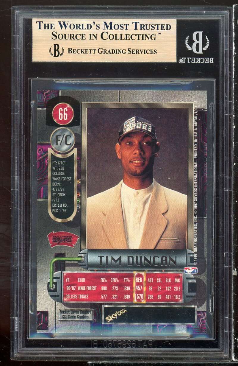 Tim Duncan Rookie Card 1997-98 Metal Universe #66 BGS 9.5 (10 9.5 9.5 9) Image 2