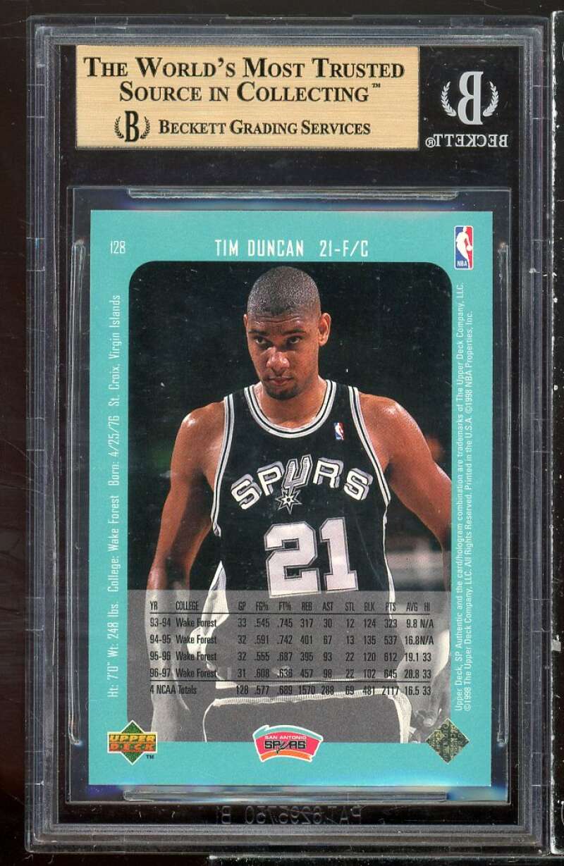 Tim Duncan Rookie Card 1997-98 SP Authentic #128 BGS 9.5 (9.5 9 9.5 10 Image 2