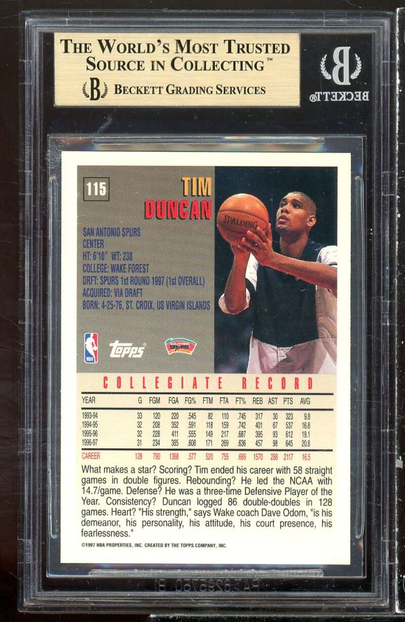 Tim Duncan Rookie Card 1997-98 Topps #115 BGS 9.5 Image 2